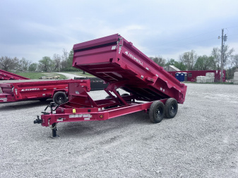 New 2025 IRON BULL 83X14 DUMP TRAILER IN RED W/ SCISSOR HOIST AND I-BEAM FRAME