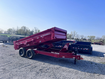 New 2026 IRON BULL 83X14 DUMP TRAILER IN RED W/ SCISSOR HOIST AND I-BEAM FRAME