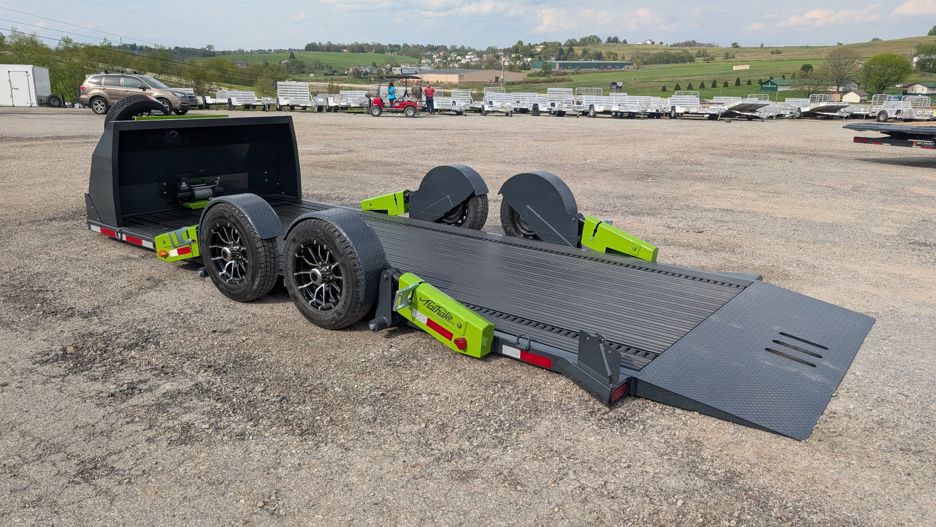New 2025 "FlatTrak" by Belmont 7x18 Hydraulic Car Hauler w/ Hydraulic Jack
