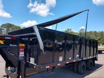 New 25DU-20BK8SIR BIG TEX 8' X 20' DUAL TANDEM GOOSENECK DUMP TRAILER W/ ROLLER ARM TARP ASSEMBLY