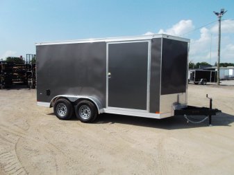 New 2025 COVERED WAGON TRAILERS 7x14 Tandem Axle Cargo Trailer / Enclosed Trailer / 6'6" Interior / Extra Wide Ramp / 48" RV Door / LEDs / .030 Charcoal Gray Semi-Screwless Exterior