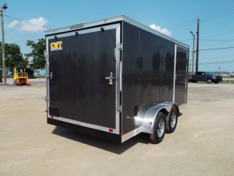 New 2025 COVERED WAGON TRAILERS 7x14 Tandem Axle Cargo Trailer / Enclosed Trailer / 6'6" Interior / Extra Wide Ramp / 48" RV Door / LEDs / .030 Charcoal Gray Semi-Screwless Exterior