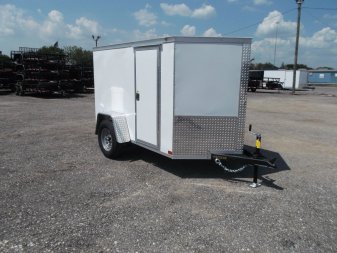 New 2025 COVERED WAGON TRAILERS 5x8 Cargo Trailer / Enclosed Trailer / Ramp / RV Side Door / Bed Lined Tongue and Frame / .030 White Semi-Screwless Exterior