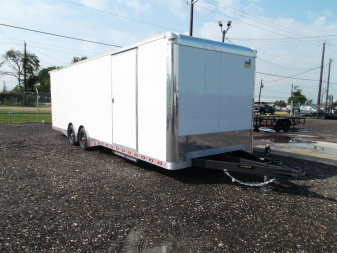 New 2025 COVERED WAGON 8.5x28 Enclosed Race Trailer / Cargo Trailer / XXL Package / 7'6" Interior Height / Split 7000# Torsion Axles / Heavy Duty Extra Wide Ramp / .080 White Poly Core Exterior / Mag Wheels / Rear Spoiler / Side Wall Escape Door