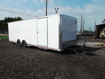 New 2025 COVERED WAGON 8.5x28 Enclosed Race Trailer / Cargo Trailer / XXL Package / 7'6" Interior Height / Split 7000# Torsion Axles / Heavy Duty Extra Wide Ramp / .080 White Poly Core Exterior / Mag Wheels / Rear Spoiler / Side Wall Escape Door