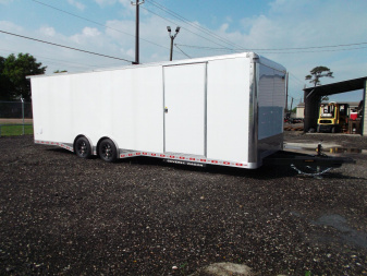 New 2025 COVERED WAGON 8.5x28 Enclosed Race Trailer / Cargo Trailer / XXL Package / 7'6" Interior Height / Split 7000# Torsion Axles / Heavy Duty Extra Wide Ramp / .080 White Poly Core Exterior / Mag Wheels / Rear Spoiler / Side Wall Escape Door