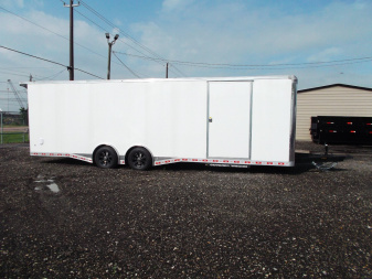 New 2025 COVERED WAGON 8.5x28 Enclosed Race Trailer / Cargo Trailer / XXL Package / 7'6" Interior Height / Split 7000# Torsion Axles / Heavy Duty Extra Wide Ramp / .080 White Poly Core Exterior / Mag Wheels / Rear Spoiler / Side Wall Escape Door
