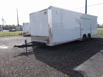 New 2025 COVERED WAGON 8.5x28 Enclosed Race Trailer / Cargo Trailer / XXL Package / 7'6" Interior Height / Split 7000# Torsion Axles / Heavy Duty Extra Wide Ramp / .080 White Poly Core Exterior / Mag Wheels / Rear Spoiler / Side Wall Escape Door