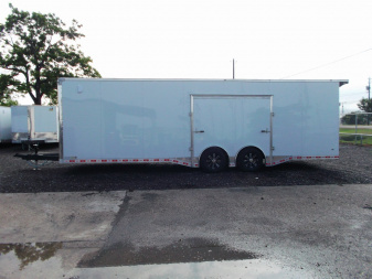 New 2025 COVERED WAGON 8.5x28 Enclosed Race Trailer / Cargo Trailer / XXL Package / 7'6" Interior Height / Split 7000# Torsion Axles / Heavy Duty Extra Wide Ramp / .080 White Poly Core Exterior / Mag Wheels / Rear Spoiler / Side Wall Escape Door