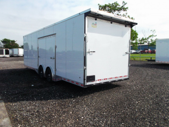 New 2025 COVERED WAGON 8.5x28 Enclosed Race Trailer / Cargo Trailer / XXL Package / 7'6" Interior Height / Split 7000# Torsion Axles / Heavy Duty Extra Wide Ramp / .080 White Poly Core Exterior / Mag Wheels / Rear Spoiler / Side Wall Escape Door