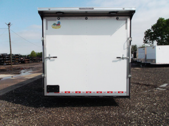 New 2025 COVERED WAGON 8.5x28 Enclosed Race Trailer / Cargo Trailer / XXL Package / 7'6" Interior Height / Split 7000# Torsion Axles / Heavy Duty Extra Wide Ramp / .080 White Poly Core Exterior / Mag Wheels / Rear Spoiler / Side Wall Escape Door