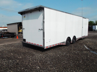 New 2025 COVERED WAGON 8.5x28 Enclosed Race Trailer / Cargo Trailer / XXL Package / 7'6" Interior Height / Split 7000# Torsion Axles / Heavy Duty Extra Wide Ramp / .080 White Poly Core Exterior / Mag Wheels / Rear Spoiler / Side Wall Escape Door