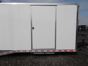 New 2025 COVERED WAGON 8.5x28 Enclosed Race Trailer / Cargo Trailer / XXL Package / 7'6" Interior Height / Split 7000# Torsion Axles / Heavy Duty Extra Wide Ramp / .080 White Poly Core Exterior / Mag Wheels / Rear Spoiler / Side Wall Escape Door