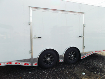 New 2025 COVERED WAGON 8.5x28 Enclosed Race Trailer / Cargo Trailer / XXL Package / 7'6" Interior Height / Split 7000# Torsion Axles / Heavy Duty Extra Wide Ramp / .080 White Poly Core Exterior / Mag Wheels / Rear Spoiler / Side Wall Escape Door