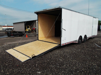 New 2025 COVERED WAGON 8.5x28 Enclosed Race Trailer / Cargo Trailer / XXL Package / 7'6" Interior Height / Split 7000# Torsion Axles / Heavy Duty Extra Wide Ramp / .080 White Poly Core Exterior / Mag Wheels / Rear Spoiler / Side Wall Escape Door