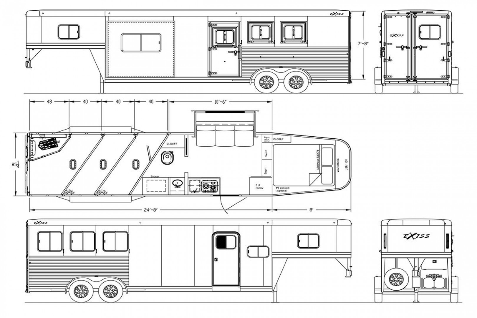 New 2025 Exiss Trailers 2,3,4 Horse w/ 10' short wall LQ Stock / Stock Combo Trailer