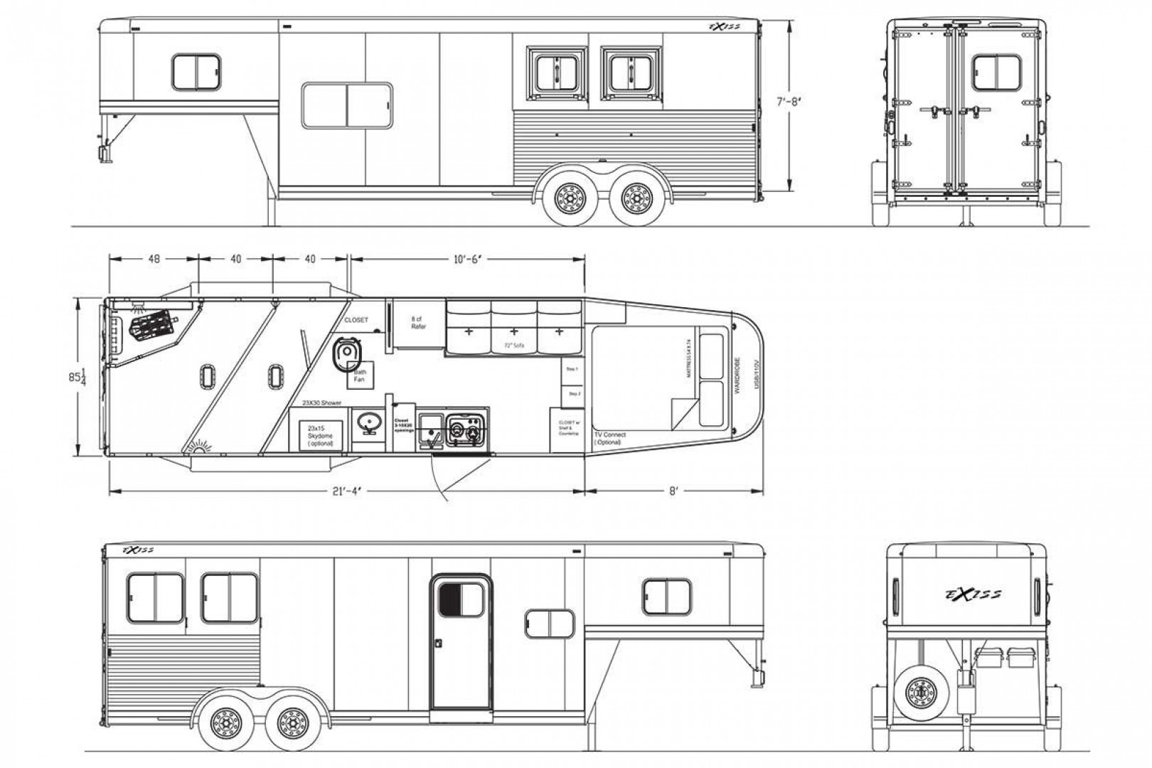 New 2025 Exiss Trailers 2,3,4 Horse w/ 10' short wall LQ Stock / Stock Combo Trailer