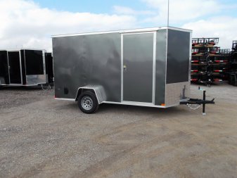 New 2025 Covered Wagon Trailers 6x12 SA Cargo Trailer / Enclosed Trailer / 6'6" Interior / 36" RV Side Door / Bed Lined Tongue and Frame / .030 Charcoal Gray Semi-Screwless Exterior / (4) D-Rings / Extra Wide Ramp