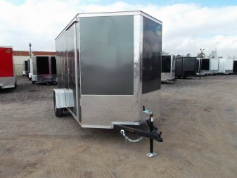 New 2025 Covered Wagon Trailers 6x12 SA Cargo Trailer / Enclosed Trailer / 6'6" Interior / 36" RV Side Door / Bed Lined Tongue and Frame / .030 Charcoal Gray Semi-Screwless Exterior / (4) D-Rings / Extra Wide Ramp