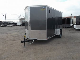 New 2025 Covered Wagon Trailers 6x12 SA Cargo Trailer / Enclosed Trailer / 6'6" Interior / 36" RV Side Door / Bed Lined Tongue and Frame / .030 Charcoal Gray Semi-Screwless Exterior / (4) D-Rings / Extra Wide Ramp