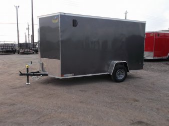 New 2025 Covered Wagon Trailers 6x12 SA Cargo Trailer / Enclosed Trailer / 6'6" Interior / 36" RV Side Door / Bed Lined Tongue and Frame / .030 Charcoal Gray Semi-Screwless Exterior / (4) D-Rings / Extra Wide Ramp