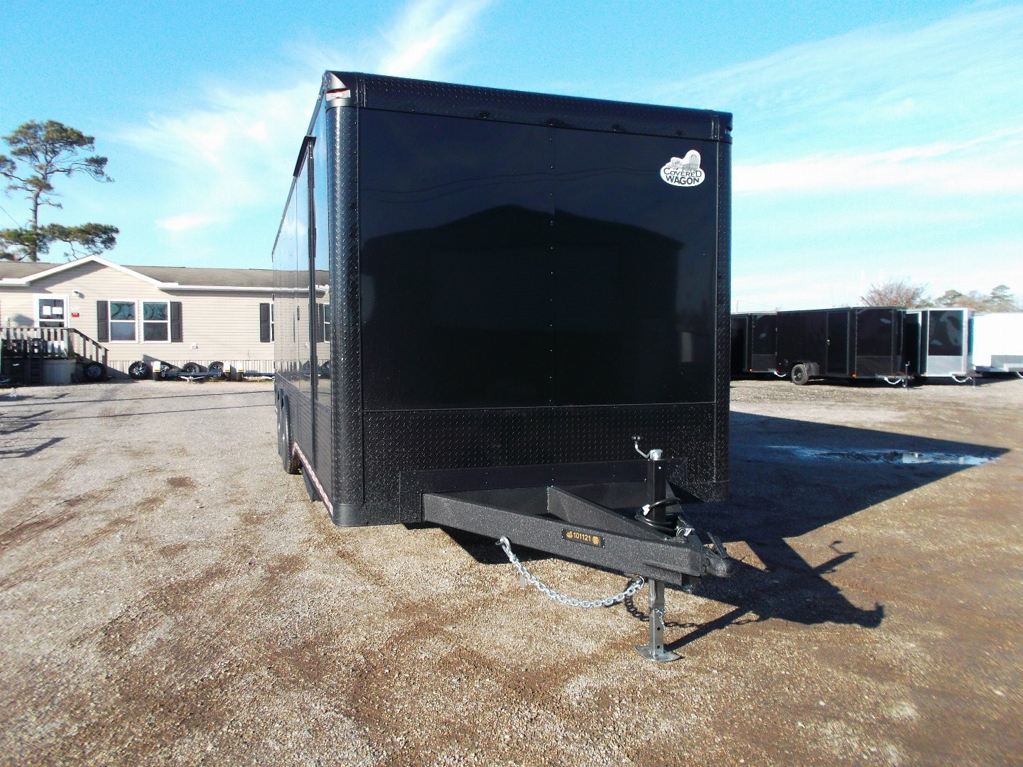 New 2025 COVERED WAGON 8.5x28 Race Trailer / Cargo Trailer / XXL Package / 7'6" Interior Height / Split 7000# Torsion Axles / Heavy Duty Extra Wide Ramp / .080 Black Poly Core / Rear Spoiler w/ LEDS / Side Wall Escape Door / Mag Wheels / Black Out Package