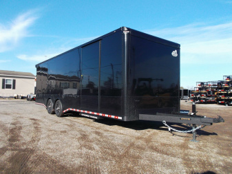 New 2025 COVERED WAGON 8.5x28 Race Trailer / Cargo Trailer / XXL Package / 7'6" Interior Height / Split 7000# Torsion Axles / Heavy Duty Extra Wide Ramp / .080 Black Poly Core / Rear Spoiler w/ LEDS / Side Wall Escape Door / Mag Wheels / Black Out Package