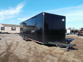 New 2025 COVERED WAGON 8.5x28 Race Trailer / Cargo Trailer / XXL Package / 7'6" Interior Height / Split 7000# Torsion Axles / Heavy Duty Extra Wide Ramp / .080 Black Poly Core / Rear Spoiler w/ LEDS / Side Wall Escape Door / Mag Wheels / Black Out Package