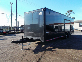 New 2025 COVERED WAGON 8.5x28 Race Trailer / Cargo Trailer / XXL Package / 7'6" Interior Height / Split 7000# Torsion Axles / Heavy Duty Extra Wide Ramp / .080 Black Poly Core / Rear Spoiler w/ LEDS / Side Wall Escape Door / Mag Wheels / Black Out Package