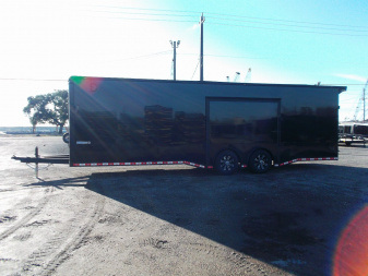 New 2025 COVERED WAGON 8.5x28 Race Trailer / Cargo Trailer / XXL Package / 7'6" Interior Height / Split 7000# Torsion Axles / Heavy Duty Extra Wide Ramp / .080 Black Poly Core / Rear Spoiler w/ LEDS / Side Wall Escape Door / Mag Wheels / Black Out Package