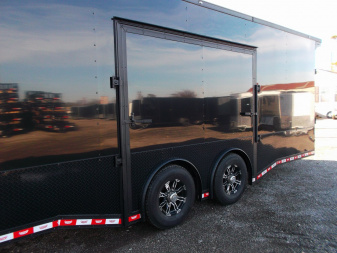 New 2025 COVERED WAGON 8.5x28 Race Trailer / Cargo Trailer / XXL Package / 7'6" Interior Height / Split 7000# Torsion Axles / Heavy Duty Extra Wide Ramp / .080 Black Poly Core / Rear Spoiler w/ LEDS / Side Wall Escape Door / Mag Wheels / Black Out Package