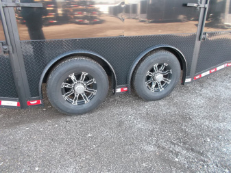 New 2025 COVERED WAGON 8.5x28 Race Trailer / Cargo Trailer / XXL Package / 7'6" Interior Height / Split 7000# Torsion Axles / Heavy Duty Extra Wide Ramp / .080 Black Poly Core / Rear Spoiler w/ LEDS / Side Wall Escape Door / Mag Wheels / Black Out Package