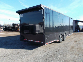New 2025 COVERED WAGON 8.5x28 Race Trailer / Cargo Trailer / XXL Package / 7'6" Interior Height / Split 7000# Torsion Axles / Heavy Duty Extra Wide Ramp / .080 Black Poly Core / Rear Spoiler w/ LEDS / Side Wall Escape Door / Mag Wheels / Black Out Package