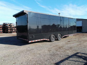 New 2025 COVERED WAGON 8.5x28 Race Trailer / Cargo Trailer / XXL Package / 7'6" Interior Height / Split 7000# Torsion Axles / Heavy Duty Extra Wide Ramp / .080 Black Poly Core / Rear Spoiler w/ LEDS / Side Wall Escape Door / Mag Wheels / Black Out Package