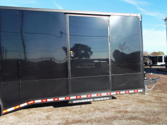 New 2025 COVERED WAGON 8.5x28 Race Trailer / Cargo Trailer / XXL Package / 7'6" Interior Height / Split 7000# Torsion Axles / Heavy Duty Extra Wide Ramp / .080 Black Poly Core / Rear Spoiler w/ LEDS / Side Wall Escape Door / Mag Wheels / Black Out Package