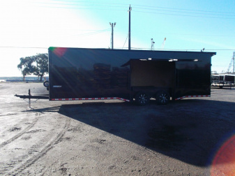 New 2025 COVERED WAGON 8.5x28 Race Trailer / Cargo Trailer / XXL Package / 7'6" Interior Height / Split 7000# Torsion Axles / Heavy Duty Extra Wide Ramp / .080 Black Poly Core / Rear Spoiler w/ LEDS / Side Wall Escape Door / Mag Wheels / Black Out Package
