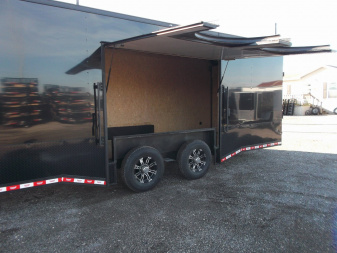 New 2025 COVERED WAGON 8.5x28 Race Trailer / Cargo Trailer / XXL Package / 7'6" Interior Height / Split 7000# Torsion Axles / Heavy Duty Extra Wide Ramp / .080 Black Poly Core / Rear Spoiler w/ LEDS / Side Wall Escape Door / Mag Wheels / Black Out Package