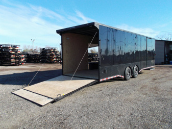 New 2025 COVERED WAGON 8.5x28 Race Trailer / Cargo Trailer / XXL Package / 7'6" Interior Height / Split 7000# Torsion Axles / Heavy Duty Extra Wide Ramp / .080 Black Poly Core / Rear Spoiler w/ LEDS / Side Wall Escape Door / Mag Wheels / Black Out Package