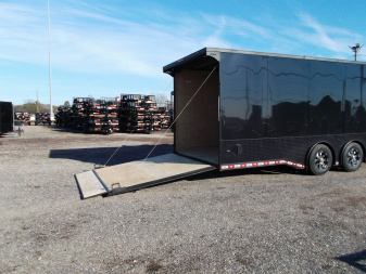 New 2025 COVERED WAGON 8.5x28 Race Trailer / Cargo Trailer / XXL Package / 7'6" Interior Height / Split 7000# Torsion Axles / Heavy Duty Extra Wide Ramp / .080 Black Poly Core / Rear Spoiler w/ LEDS / Side Wall Escape Door / Mag Wheels / Black Out Package