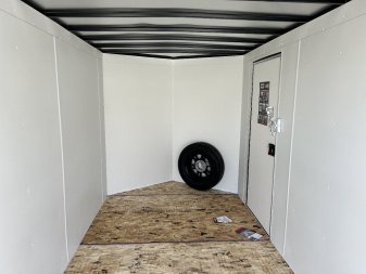 New NEW 2025 AERO 6x12 +2 V WHITE Interior QUALITYAluminum Wheels Matching aluminum Spare Tire and Mount included $240 value Enclosed Rear Ramp Cargo Trailer