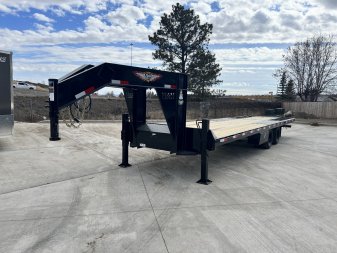 New 2025 H&H 30’ Gooseneck 21 ft Flat with Hydraulic 9 ft Dovetail Hydraulic Jacks, Key Fob Remote 25.9K Tandem Dual axles