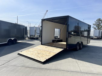 New 2025 AERO 8.5x20 +2’V 7' TALL WHITE Interior 4'X4' ESCAPE DOOR, BLACKOUT  EDITION QUALITY .080 Poly Core Enclosed Rear Ramp Car Hauler Cargo Trailer