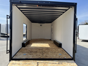 New 2025 AERO 8.5x20 +2’V 7' TALL WHITE Interior 4'X4' ESCAPE DOOR, BLACKOUT  EDITION QUALITY .080 Poly Core Enclosed Rear Ramp Car Hauler Cargo Trailer