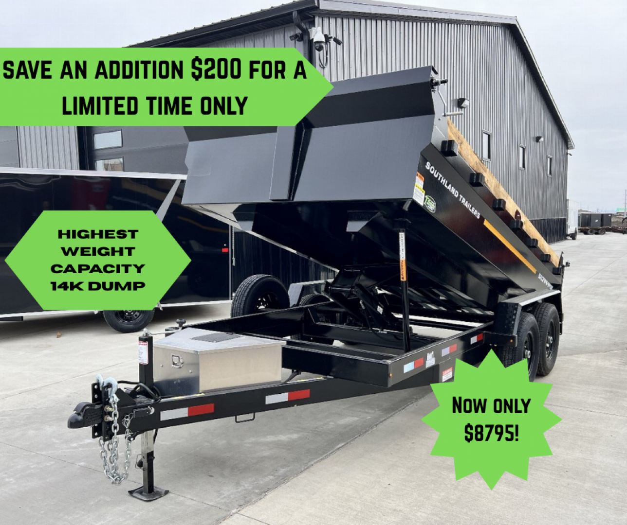 New LOWEST PRICES 2026 Southland 14ft Low Profile Dump Trailer 2-7000 lb axles =14K with Ramps