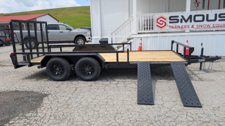 New 2025 CAM SUPERLINE 7x14 Tandem Axle Tubular Top Rail Utility Trailer w/ ATV SIDE RAMPS