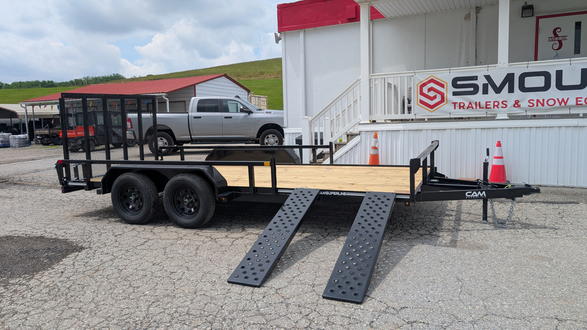 New 2025 CAM SUPERLINE 7x16 Axle Tubular Top Rail Utility Trailer w/ ATV SIDE RAMPS