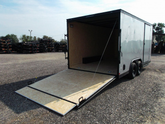 New 2025 COVERED WAGON TRAILERS 8.5x16 Cargo Trailer / Car Hauler / 5200# Axles / 7ft Interior Height / 48" RV Side Door / Bed Lined RV Step / .030 Silver Semi-Screwless Exterior / 60" Triple Tube Tongue / Extra Wide Ramp / Black Out Package