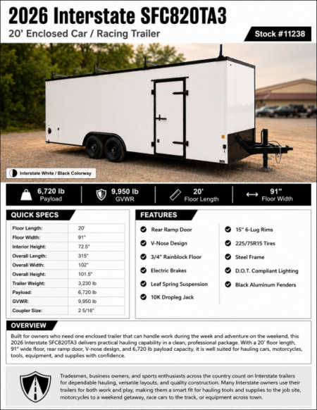 New 2026 Interstate SFC820TA3 20' Enclosed Car / Racing Trailer 10K GVWR
