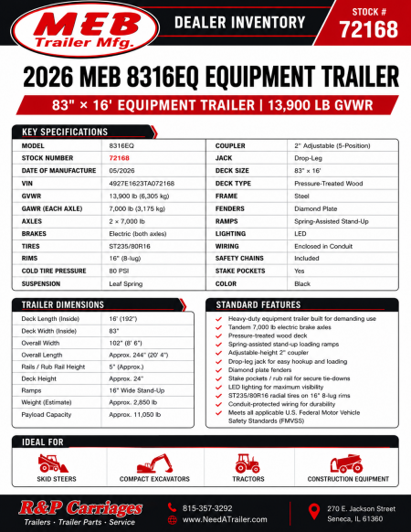 New 2026 MEB 7x16 Implement 14K Equipment Trailer