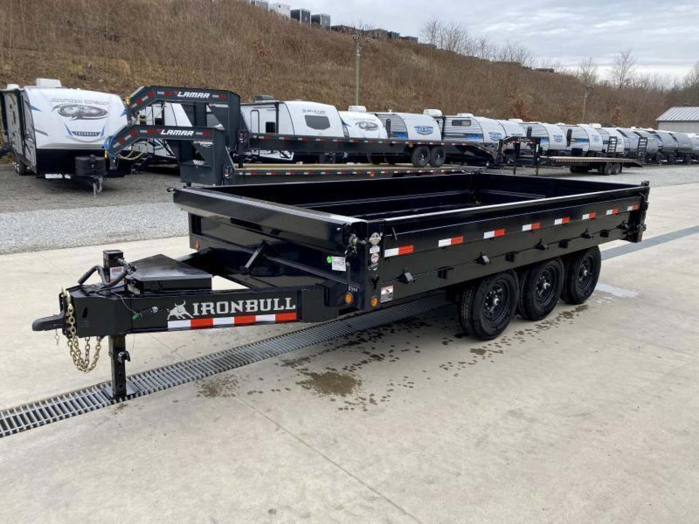 New 2025 Ironbull 8x16' Deckover Dump Trailer 21000# GVW * TRIPLE AXLE * TARP KIT * 10" I-BEAM FRAME * BED RUNNERS * 12K JACK * FOLD DOWN SIDES * OVERSIZE 5x20 SCISSOR * INTGRATED KEYWAY/10GA WALLS * IRONCLAD WARRANTY